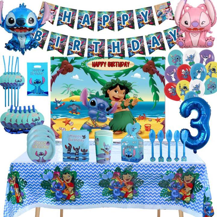 Disney Lilo Stitch Birthday Party Decoration Stitch Balloon Disposable Tableware Gift Bag Backdrop For Kids Party Supplies