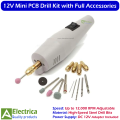 12V Mini Electric PCB Drill Grinder Machine Kit with 5 HSS Bits, Collets, Sanding Drums & Power Adapter for DIY PCB Projects by Electrica. 