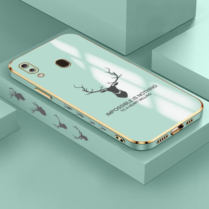Samsung A30 Cartoon ELK Deer Reindeer Square Edge Pattern Casing Plated Phone Shell Luxury Plating Soft Phone Case
