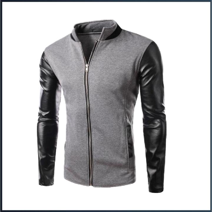 AYBEEZ - Base Ball Collar Jacket With Leather Sleeves For Men