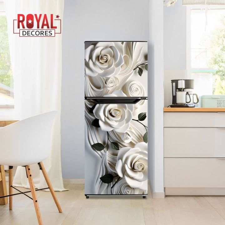 Royal White Rose Fridge Stickers 3D Self-Adhesive Vinyl Waterproof Door Wrap