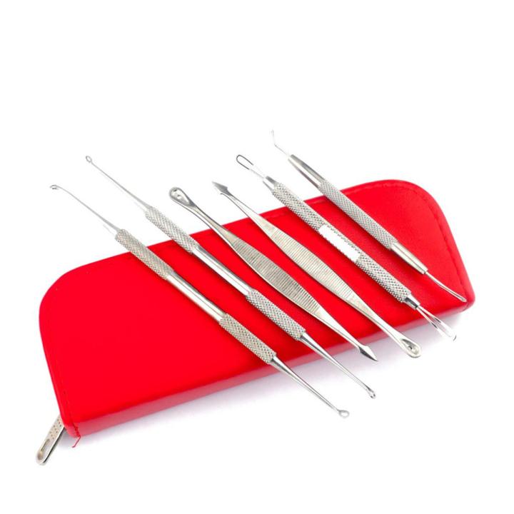 Dexam 6-pieces Dermatologist Set Professional Stainless Steel Beauty Kit Blackhead Blemish Remover Pimple Acne Spot Needles Pore Cleaner Zit Removing Tools For Nose Face - With Red Organized Case