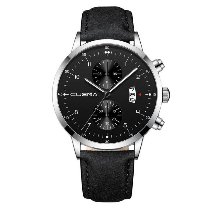 CUENA Men's Business Leath Belt Watch Three Eyes Six-Piece Calendar Quartz Watch