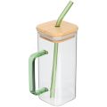 Drinking Glass with Straw, Handle and Bamboo Lid, Juice and shake Glass, Large Size. 