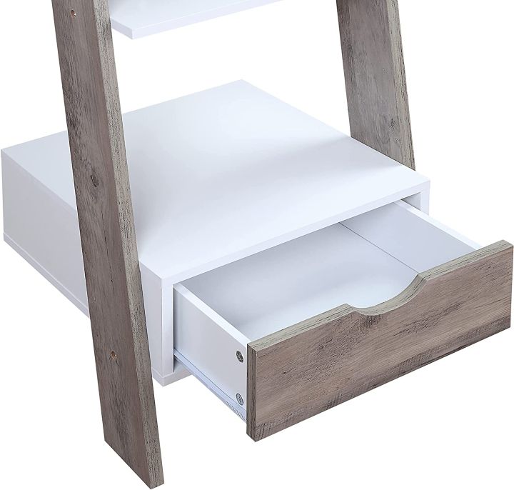 Two-Tone%20White%20and%20Walnut%20Finish%205%20Tier%20Bookcase%20Shelf%20Ladder%20Leaning%20with%20Drawer%20-%2072"%20Height%20-%20Image%204