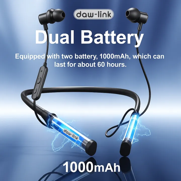 Daw-Link DI-N02 Wireless Neckband Earphones | Dual Battery 1000mAh | 60 ...