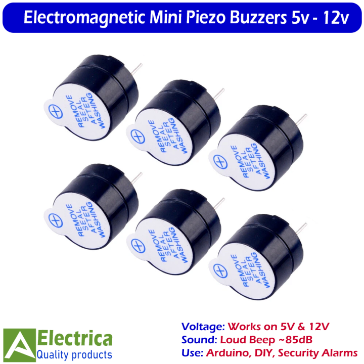 6Pcs Electromagnetic Mini Piezo Buzzers Active Alarm Pack | Small 5V & 12V DC Buzzer Modules | Compact Beepers for Arduino, DIY Electronics & Security Projects by Electrica