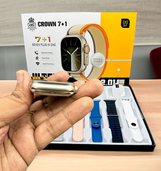 Crown 7+1 Ultra 2 Smart Watch 7+1 Full HD Display Wireless Charger & Bluetooth Calling Smart Watch With 7 Different Straps