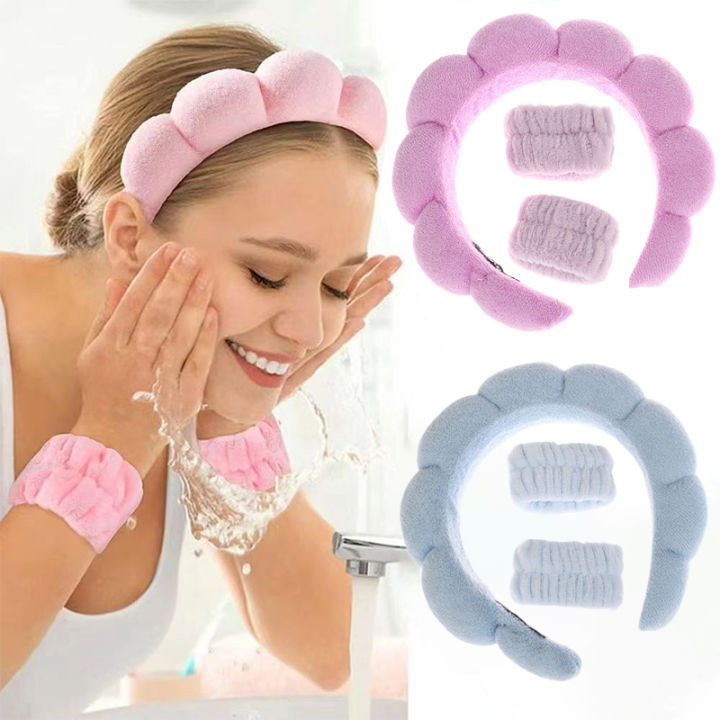 3pcs Spa Headband For Washing Face Wristband Set Sponge Makeup Headband Wrist Towels Bubble Hairband For Women Hair Accessories Yao Store