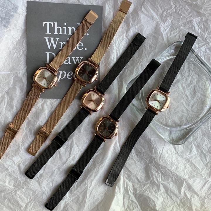 French vintage light luxury black gold small square watch women's ins niche design temperament student versatile mesh belt watch