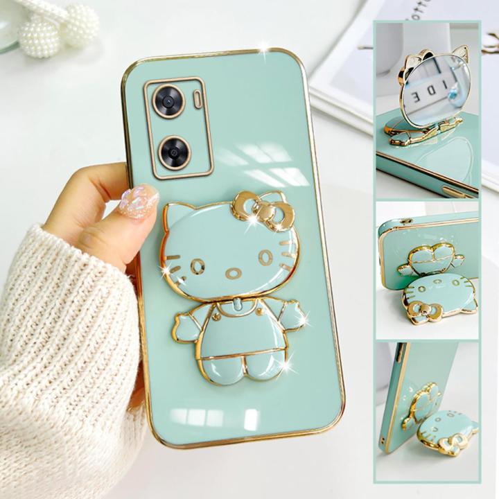 TA for OPPO A57 2022 / A77S Back Cover Hello Kitty Mirror Folding Bracket Luxury Plating Case Soft Silicone Square Phone Case for Girls