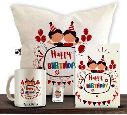 Gift Pack : Happy Birthday Printed Customized Cup and Cushion with Keychain