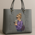 Trendy Grey Tote Handbag for Women – PU Leather Shoulder Bag with Fashion Girl Print | Ladies Office & Casual Bag. 