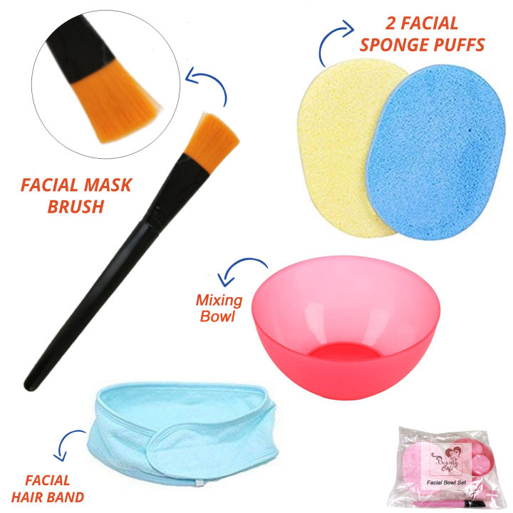 5 Pcs Facial Accessories Set - Mask Mixing Bowl - Facial Brush - Hair Band - 2 Face Wash Cleansing Sponge Makeup Remover Puff