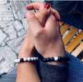 Set of 2 Pieces Black & White Bead Friendship Wrist Band / Bracelet for Couples & Friends. (Elasticated). 
