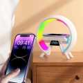 3 in 1-Latest/Smart-G shaped, Wireless charger-Pad/Stand, Multifunction-USB\Bluetooth Speaker, Alarm-Digital Clock, Led/Night-Lamp/Lamps for-room/Side table/Bedroom-Atmosphere-Colorful, RGB lights-Wireless, Mini/Portable-Speaker/clock for study/table/desk. 