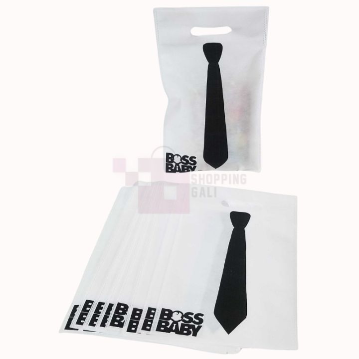 BOSS BABY GOODY BAGS WHITE COLOR FABRIC MATERIAL GIFT BAGS LARGE - PACK OF 10 GOODY BAGS - BOSS BABY THEME