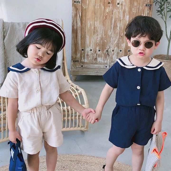 2020 Summer Korean Style Kids Sailor Collar Cotton Linen Clothes Sets