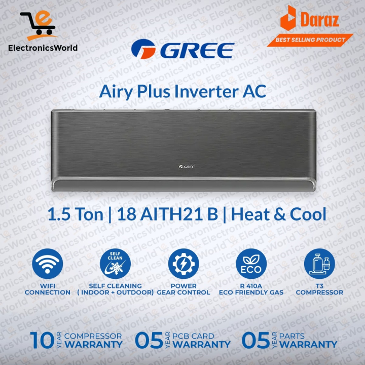 GREE InverterAC 1.5 Ton | Model GS-18AITH21 B / W -T3 Airy Plus Series (New Model ) | Power Gear Control | Big indoor & outdoor | i-Feel | Fast Cool | Turbo  Cool | WiFi Enabled | 10 Years Compressor & 05 Years All Parts Warranty/Free Installation