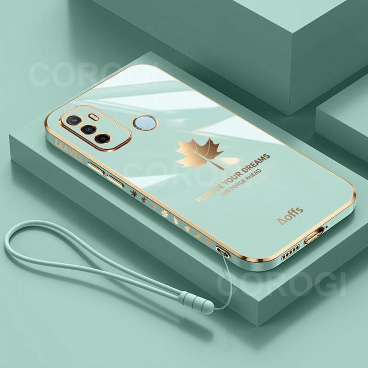 Maitus for OPPO A53 2020 Back Cover with Lanyard Luxury 6D Plating Maple Leaf Pattern Square Frame Shiny Bling Slim Cases Soft Silicone Mobile Phone Case Pouch