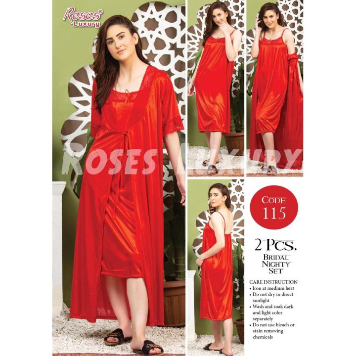 2 Pcs Long Gown Nighty Luxury Bridal Long Night Set for Women Red Daraz.pk