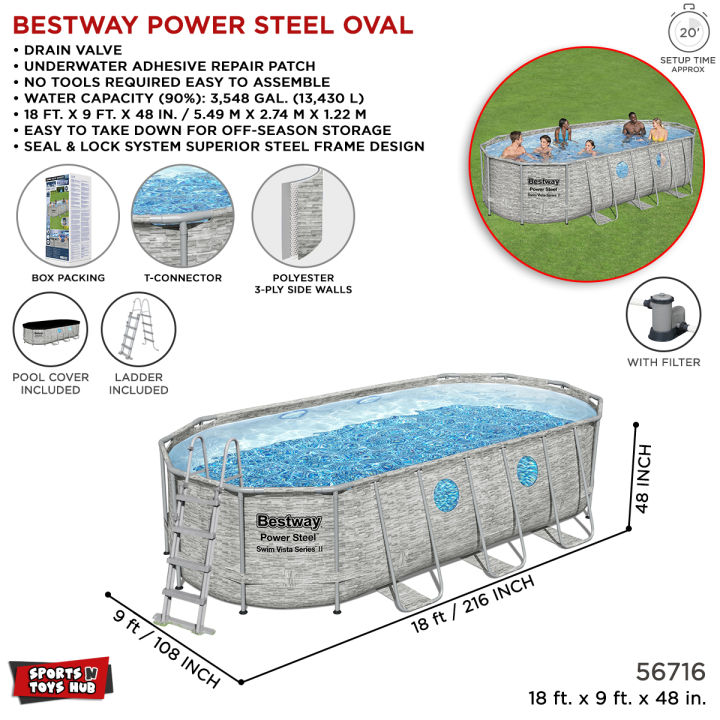 18 Ft Bestway Port Holes Swim Vista Steel Frame Oval Pool 56716, 18 Feet Length X 9 Foot Width X 48 Inch, Full Depth Large For Children & Adults, Easy To Setup & Drain Full Size Pool, Deep Family Swimming Pools, Water & Summer Fun, With Filter Pump Ladder
