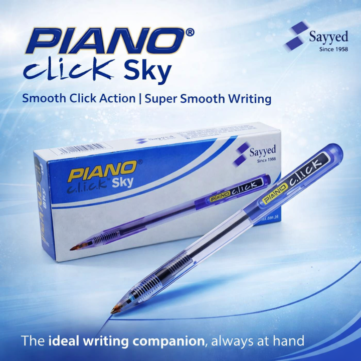 PIANO Click Sky Fine Point Ballpoint Pen - Blue, Smooth Writing, Easy Grip, German Ink, Pack of 10