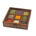 HANDMADE WOODEN MASALA BOX SPICE BOX CREATIVE WOODEN SPICE BOX WITH SPOON 10 X 10 INCH MULTI PURPOSE CONTAINER, KITCHEN ITEM UTILITY BOX JEWELLERY BOX MADE FROM HIGH QUALITY WOOD. 