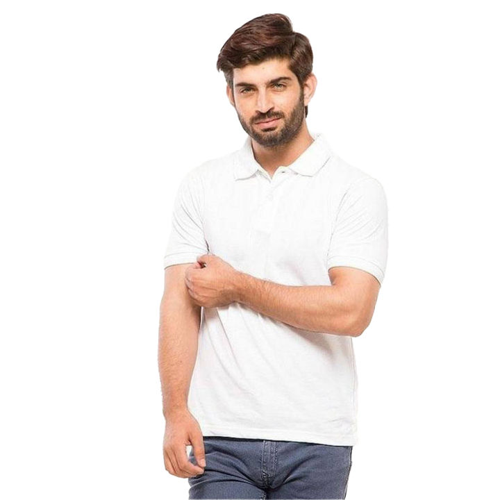 White Cotton Casual Polo Tshirt For Men