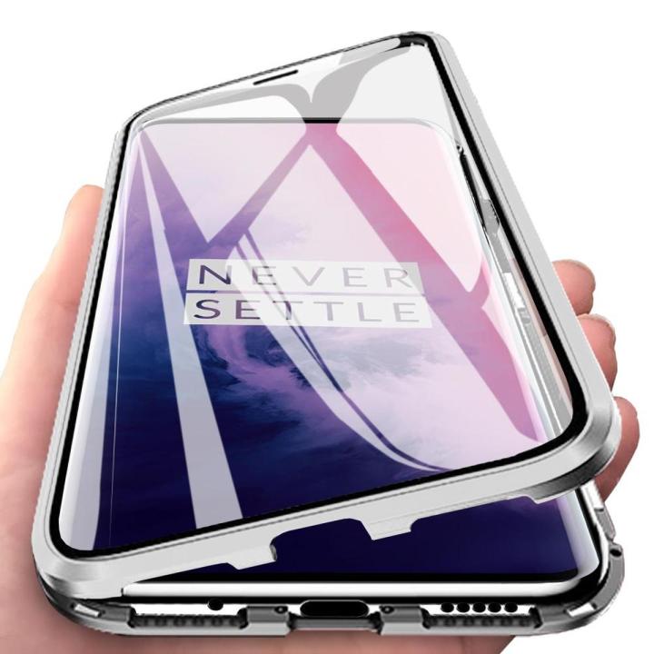 For OnePlus 7 Pro Casing 360° Full Body Transparent Tempered Glass with Magnetic Adsorption Metal Bumper Case Cover
