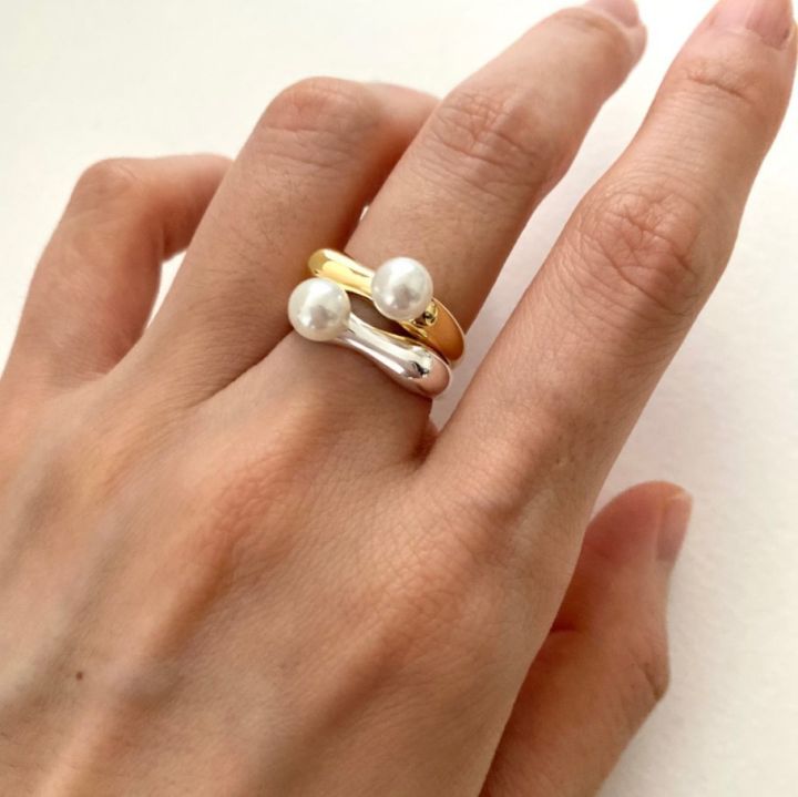 [ New ] Saina Real Shot Korean Silver Loe Open Ring IN Niche Design Pearl Personality Ring