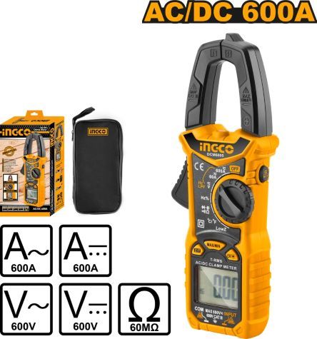 INGCO , DCM6005 Auto Ranging Digital Clamp Meter TRMS 6000 Counts, Measures AC/DC Voltage, AC/DC Current