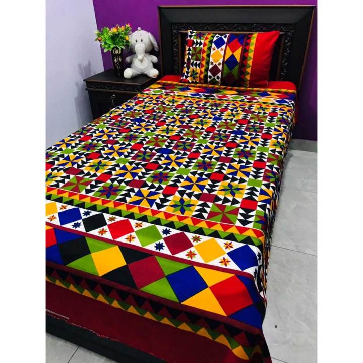 Single Bedsheet 3D-Crystal Design Cotton Printed Bed Sheet Set -Multicolored