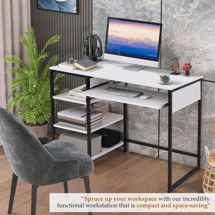 Computer Table with 3 Tier Bottom Storage & Keyboard Tray -Modern Tabletop Office Desk