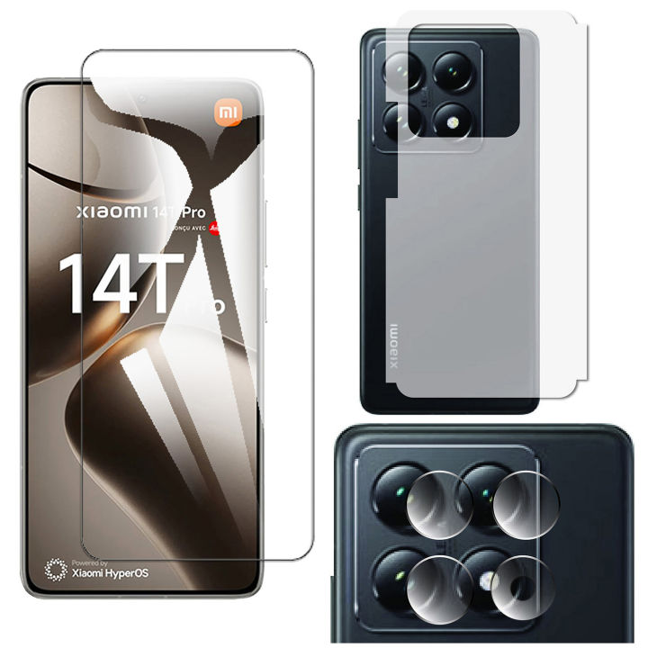 Xiaomi 14T Pro Glass Screen Protector Premium High Quality Polish Glass + Soft Film Protector Back Matte Protector Soft Skin Sheet + Back Camera Gorilla Flexible Protector 9H For 14T Pro