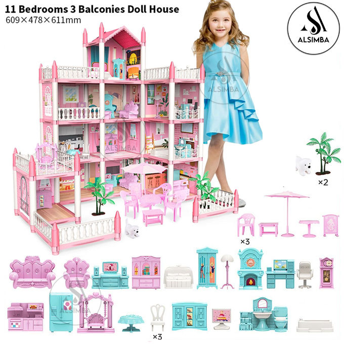 Beautiful Home Dream Become True DIY Assembled Game 4-Storey 11 Rooms and 3 Balconies Huge Big Doll House Villa Playset With Furniture & Accessories Children's Family DIY Pretend Dream House Castle Accessories Assembly Toy Girl Gift - Size Approx. 26 Inch