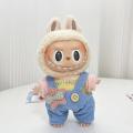 SF 1 PC cloth labubu The 17cm blind box is clothed with a light blue bib pants set for the stars a carrot strap and a two-piece pendant dress. 