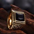 Square Black Stone Men Seal Ring Signet Gold Color Classic Wedding Band Male Rings Titanium Stainless Ring. 