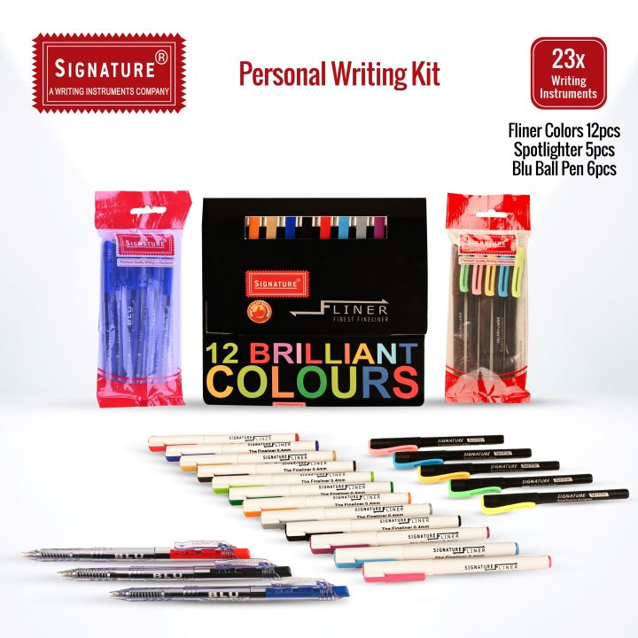 Signature Personal Writing Kit ( 12 Different Colour Fliners + 5 Different colour Spotliters +5 BLU BallPoint Pens in multiple ink colours)