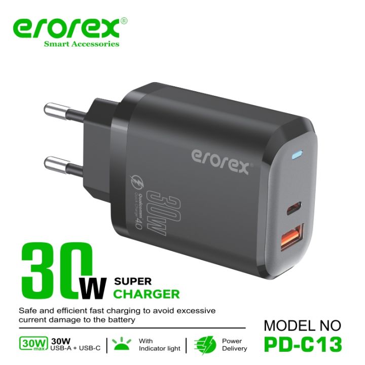 Erorex High Quality PD fast Adapter, PD-C13, Dual Port_PD.30W+USB 18W Quick and fast Charging Compatible with Android and iOS Devices_Erorex Charger