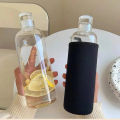 750ml Large Capacity Glass Water Bottle With Time Marker Cover For Water Drink Transparent Milk Juice Simple Cup Birthday Gift. 