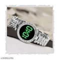Elegant Women's Fashion Digital Watch with Diamond Accents and Stainless Steel Band. 