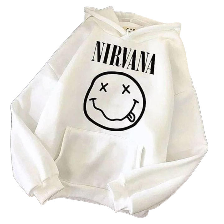 Nirvana White Fleece Full Sleeves Pull Over Hoodie