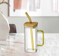 Drinking Glass with Straw, Handle and Bamboo Lid, Juice and shake Glass, Large Size. 