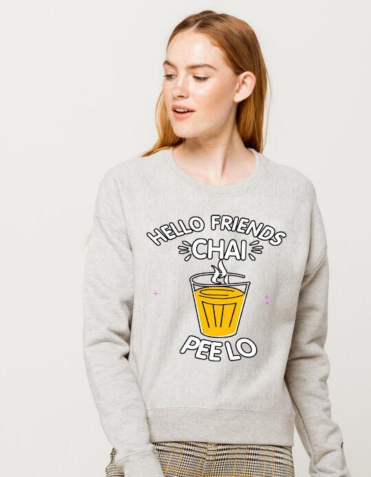 Grey Hello Friends Chai Peelo Pullover Printed High Quality Fleece Winter High Quality Sweatshirt