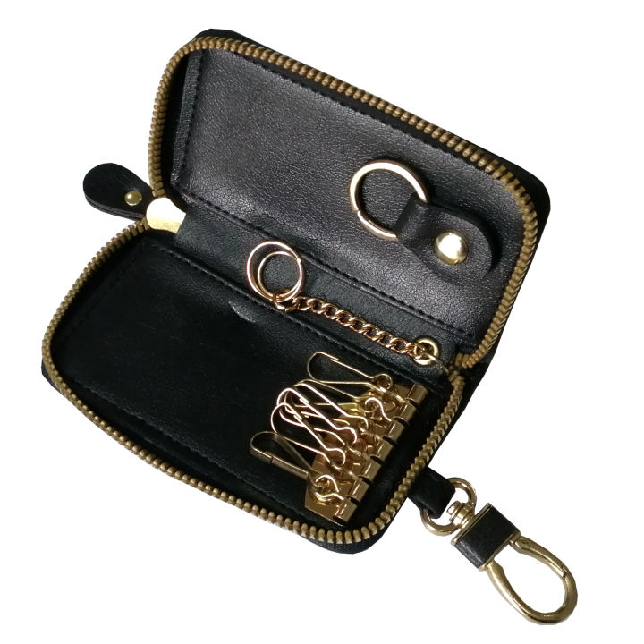 Premium PU Leather Key Holder Pouch with Card Holder Keychain with Multi Hooks in Black Car Key Bag
