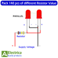 Pack 140 pcs of different Resistor Value ( 1 ,1K 10k ,15k ,22k ,100 ,100k ,180 ,220 ,330 ,330k 390k ,470k, 4k7 )Ohm 1/4W 10 Pcs Each by Electrica. 