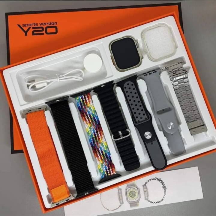 Y20 7-in-1 Ultra Smart Watch, 2.02" HD Display, Bluetooth Calling, Health and Sports Tracking, Wireless Charging, 7 Straps
