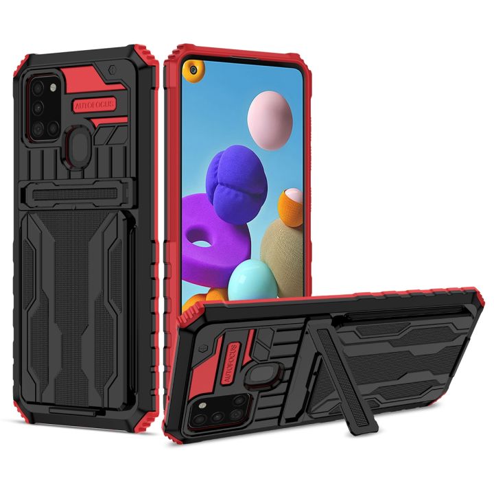 For Samsung Galaxy A21s Three-in-one Multifunctional Hidden Credit Card Slot Bracket Protective Case