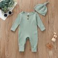 Infant Baby Jumpsuit and Hat Set, Solid Knit Ribbed Long Sleeve Crew Neck Button Romper One-Piece Clothes. 